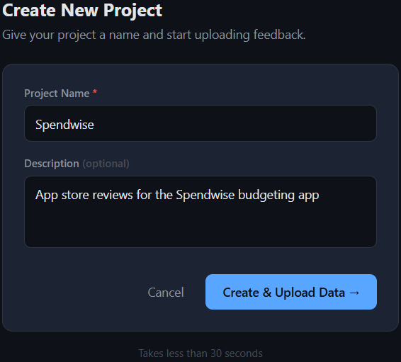 Create new project dialog with name and description fields