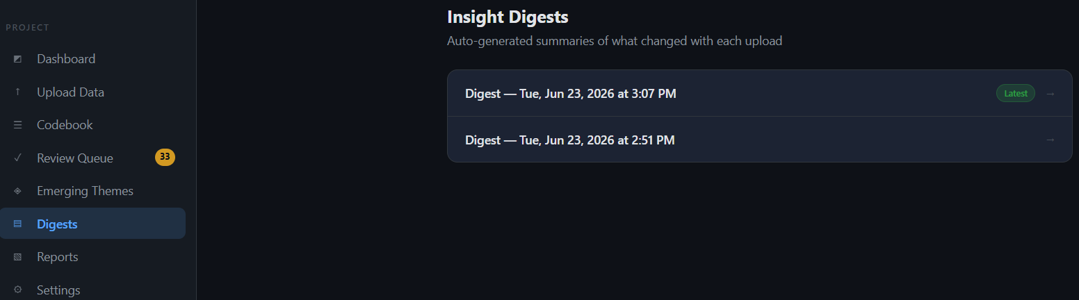 Insight Digests list showing two timestamped digests with a Latest badge