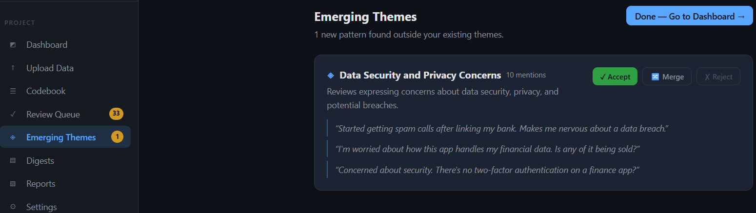 Emerging Themes review screen showing a new Data Security and Privacy Concerns pattern with evidence and accept/merge/reject