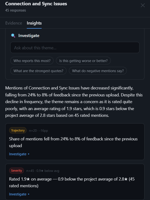 Insights tab showing an auto-written narration and Trajectory and Severity finding cards