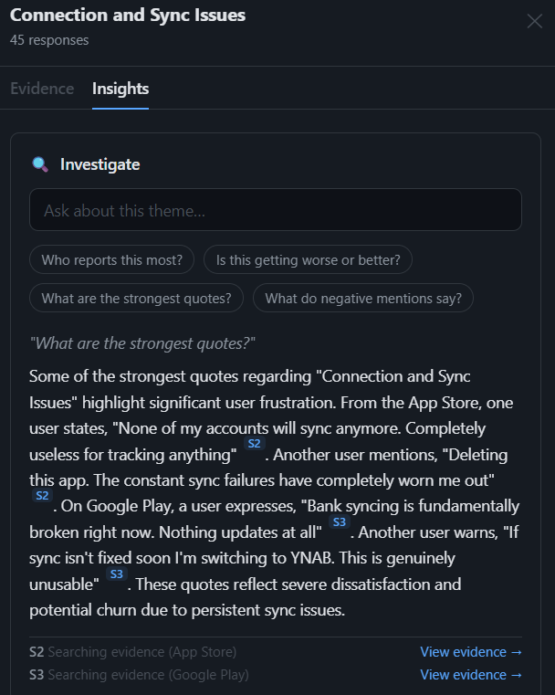 Investigator answer with inline S1/S2 citations and a receipt list naming each search