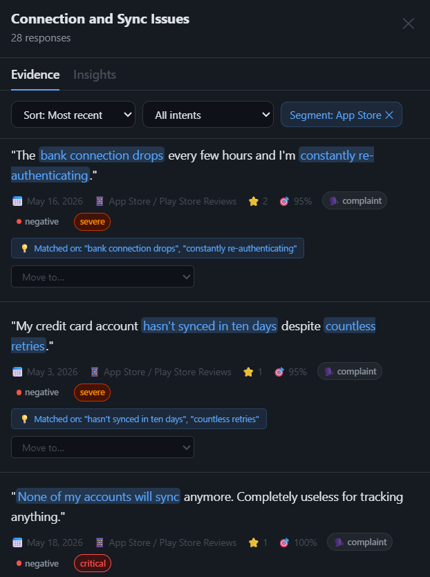 Evidence tab pre-filtered by a citation's slice with a Segment App Store filter chip